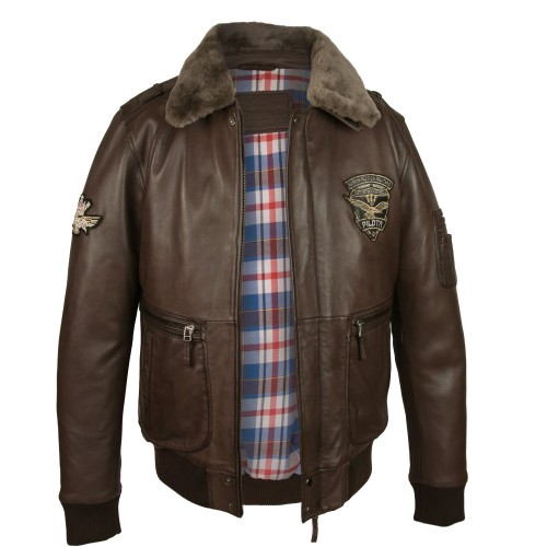 Cazadora de piel con parches estilo aviador con cuello desmontable Zerimar - 3
