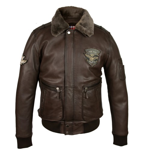 Cazadora de piel con parches estilo aviador con cuello desmontable Zerimar - 2