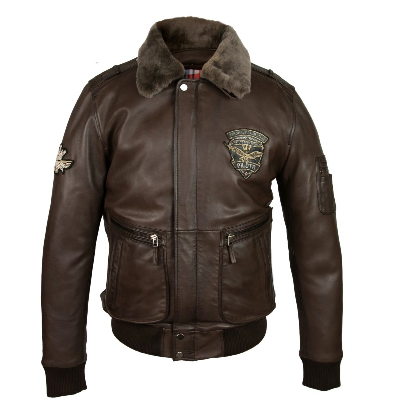 Cazadora de piel con parches estilo aviador con cuello desmontable Zerimar - 2
